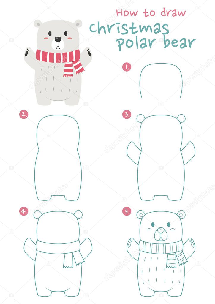 How to draw a polar bear vector illustration. Draw a christmas polar bear step by step. Polar bear drawing guide. Cute and easy drawing guidebook.