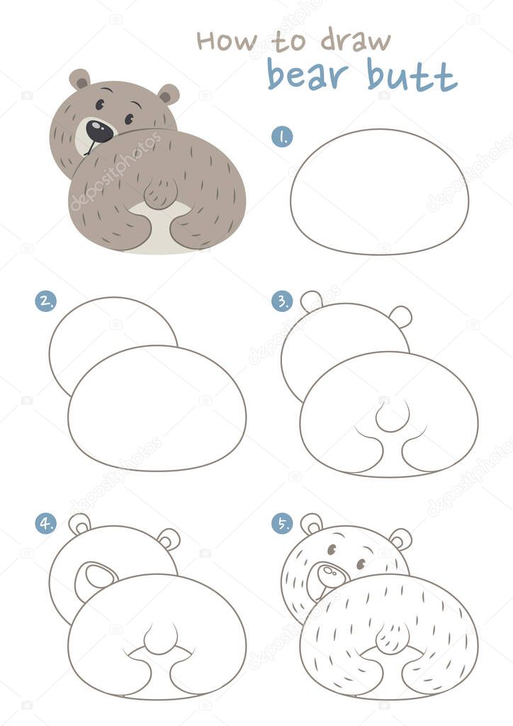 How to draw cute bear butt vector illustration. Draw a fat bear step by step. Bear butt drawing guide. Cute and easy drawing guidebook.