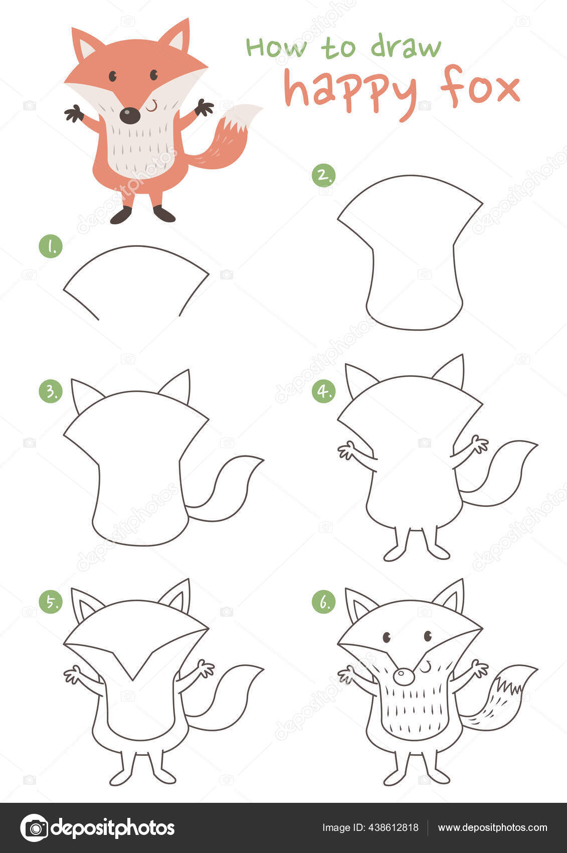 Como Desenhar Uma Ilustração Vetorial Raposa Desenhe Uma Raposa Sorridente  vetor(es) de stock de ©NutkinsJ 625928352