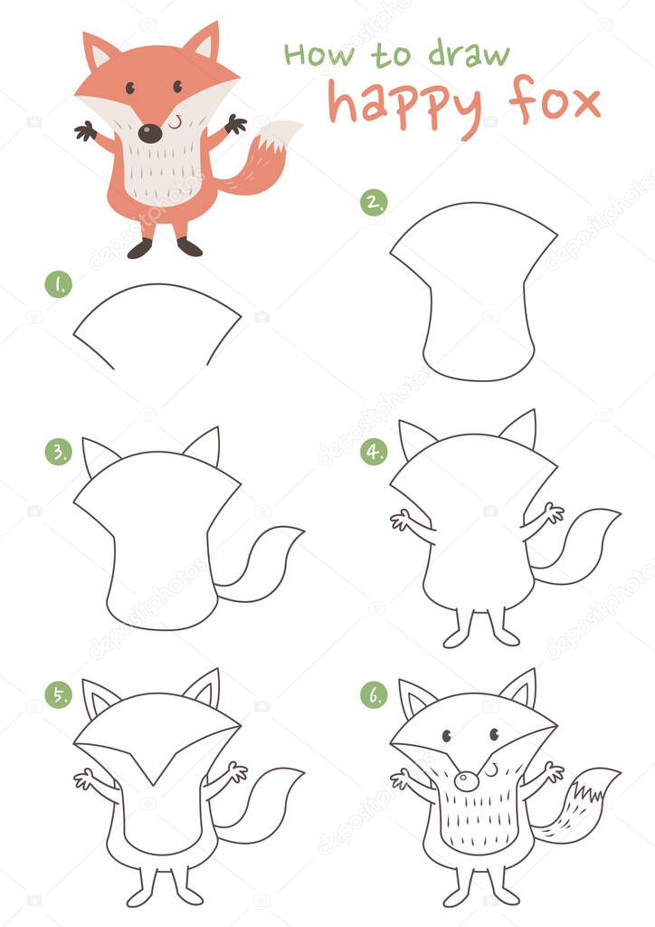 How to draw a happy fox vector illustration. Draw a fox step by step. Cute fox drawing guide. Cute and easy drawing guidebook.