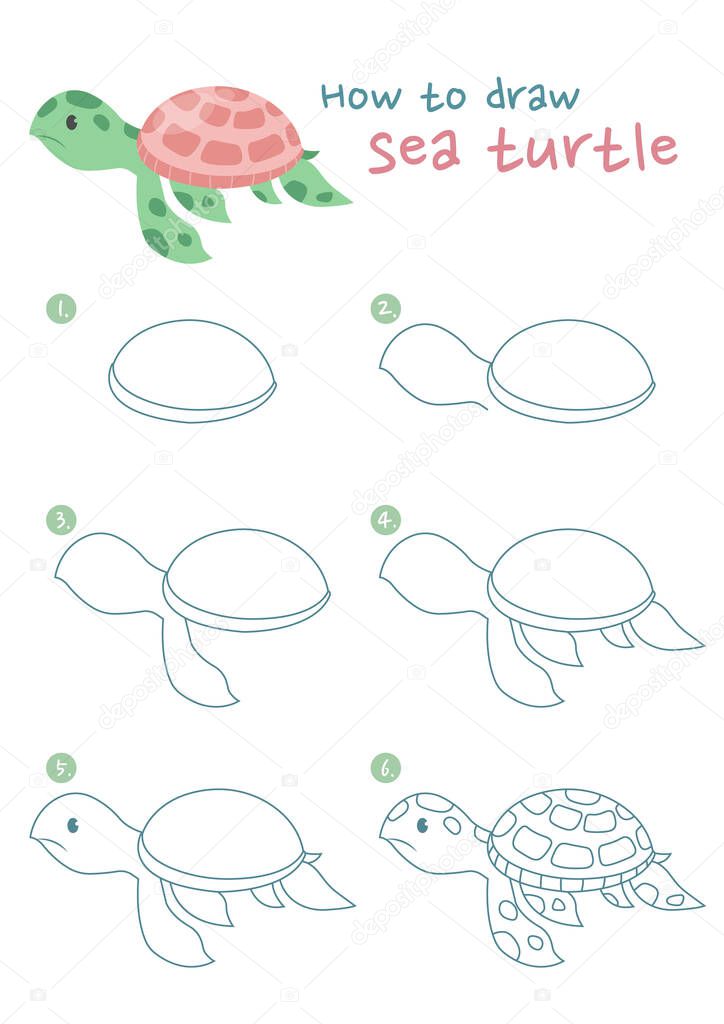 How to draw a sea turtle vector illustration. Draw a sea turtle step by step. Marine turtle drawing guide. Cute and easy drawing guidebook.