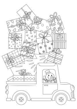 Noel ağacı ve hediye kutuları kamyonet vektör illüstrasyon çizgi filminde. Noel ağacı ve hediye kutuları vektör karikatür boyama sayfası olan şirin bir araba.. 