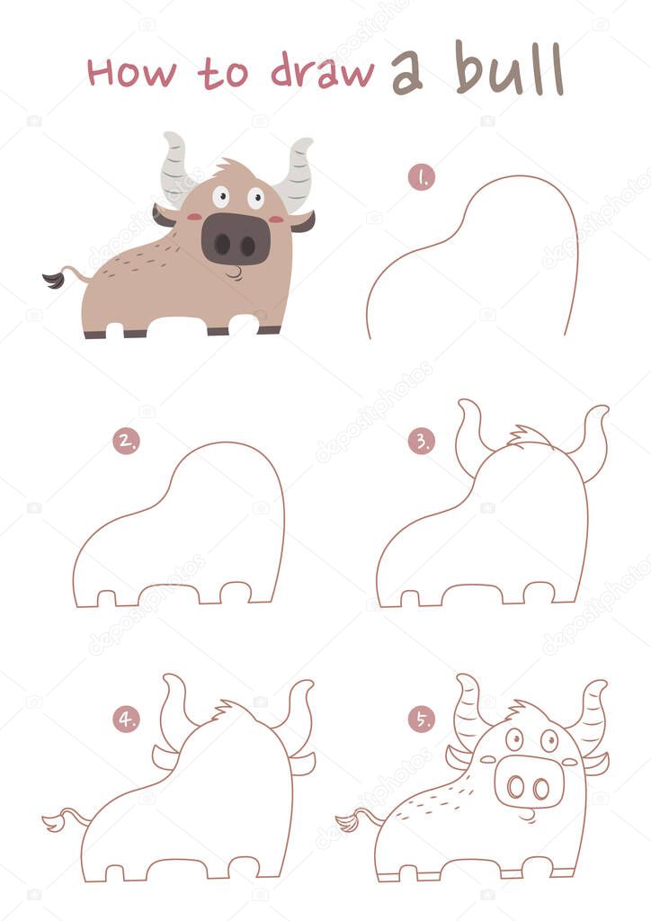 How to draw a bull vector illustration. Draw an ox step by step. The bull drawing guide. Cute and easy drawing guidebook.