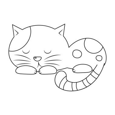 Beyaz arka planda izole edilmiş uyuyan kedi vektör illüstrasyon çizgi filmi. Şirin kedicik vektör çizgi film boyama sayfası. 