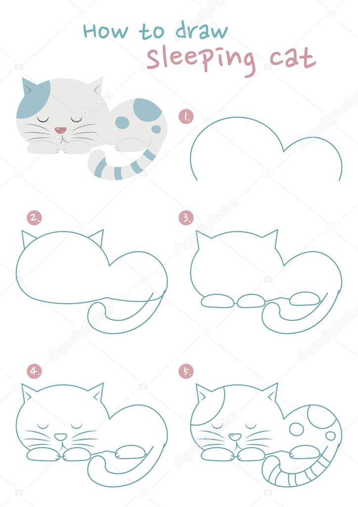 How to draw a sleeping cat vector illustration. Draw a sleeping kitten step by step. Cute cat drawing guide. Cute and easy drawing guidebook.