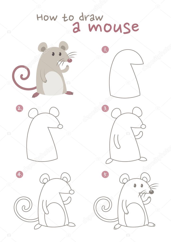 How to draw a mouse vector illustration. Draw a little cute mouse step by step. A rat drawing guide. Cute and easy drawing guidebook.
