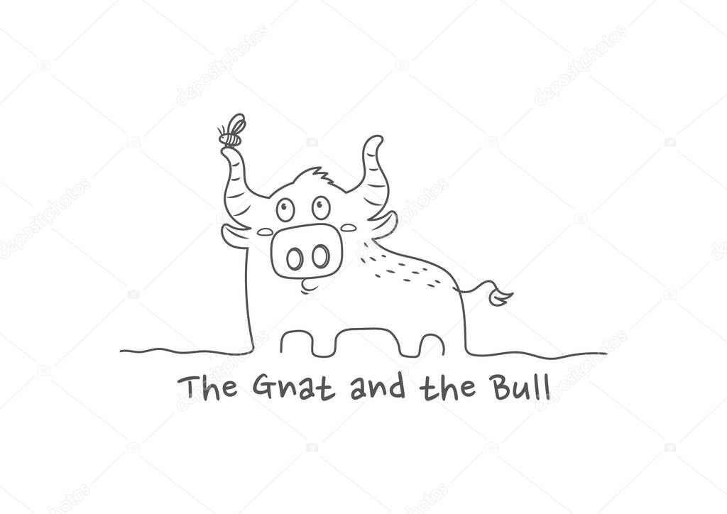 The gnat and the bull vector illustration for story book. Aesop's fable illustration. Cute illustration cartoon for fairy tale story and book. 