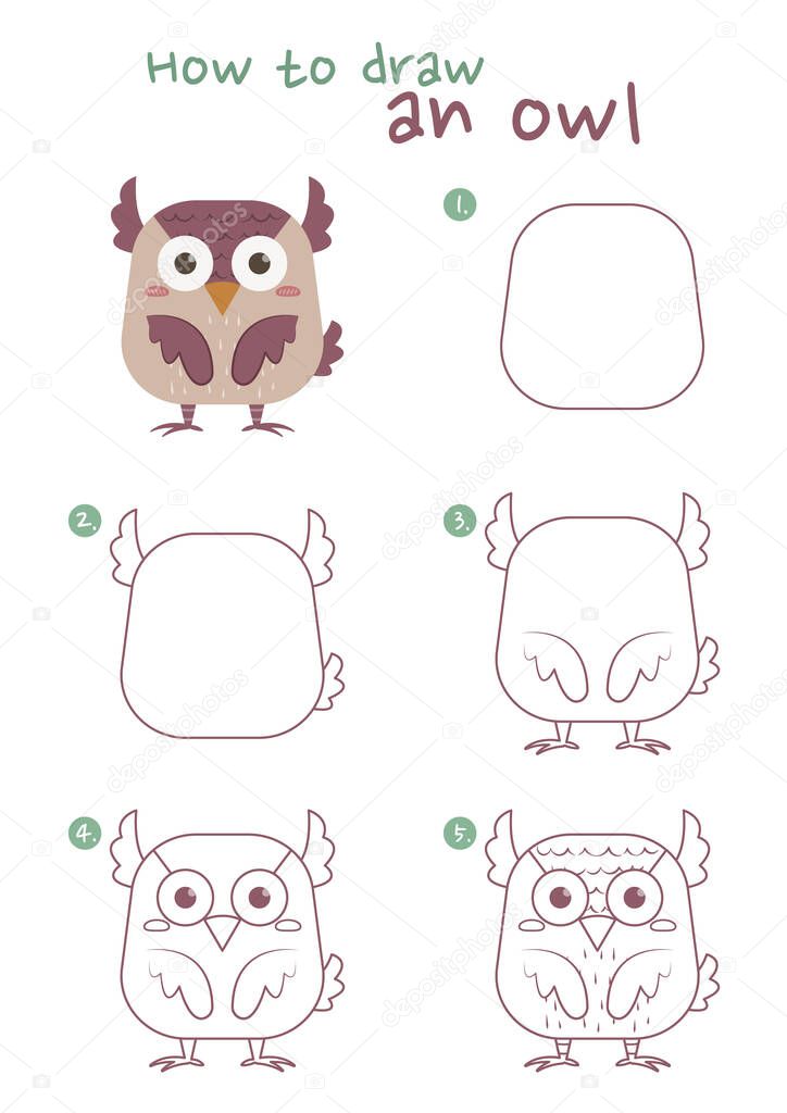 How to draw an owl vector illustration. Draw an owl step by step. Easy owl drawing guide. Cute and easy drawing guidebook.