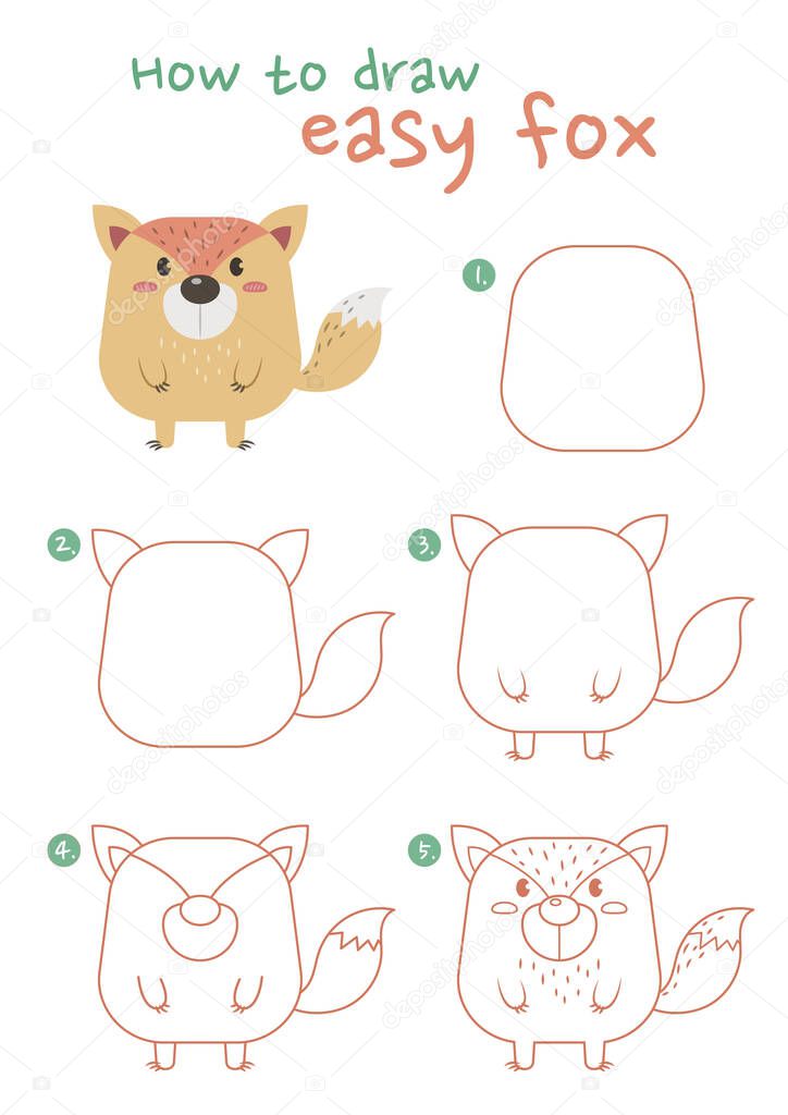 How to draw a fox vector illustration. Draw a fox step by step. Fat fox drawing guide. Cute and easy drawing guidebook.