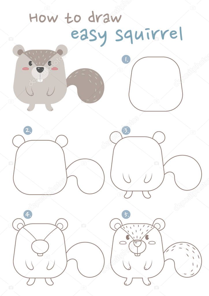 How to draw a squirrel vector illustration. Draw fat squirrel step by step. Squirrel drawing guide. Cute and easy drawing guidebook.