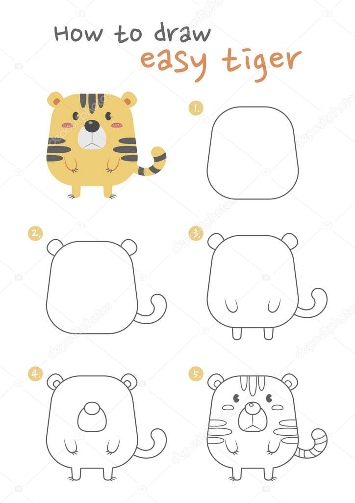How to draw a tiger vector illustration. Draw easy tiger step by step. Cute tiger drawing guide. Cute and easy drawing guidebook.