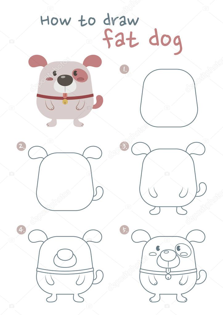 How to draw a puppy vector illustration. Draw a puppy step by step. Fat easy dog drawing guide. Cute and easy drawing guidebook.