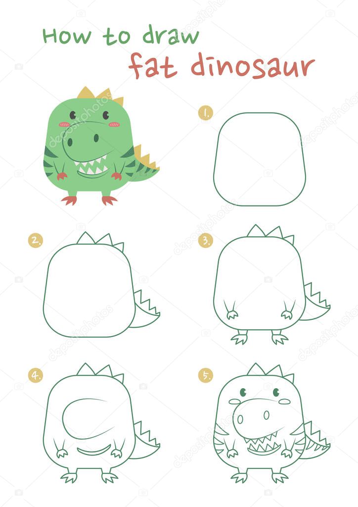 How to draw a dinosaur vector illustration. Draw a dinosaur step by step. T-rex drawing guide. Cute and easy drawing guidebook.