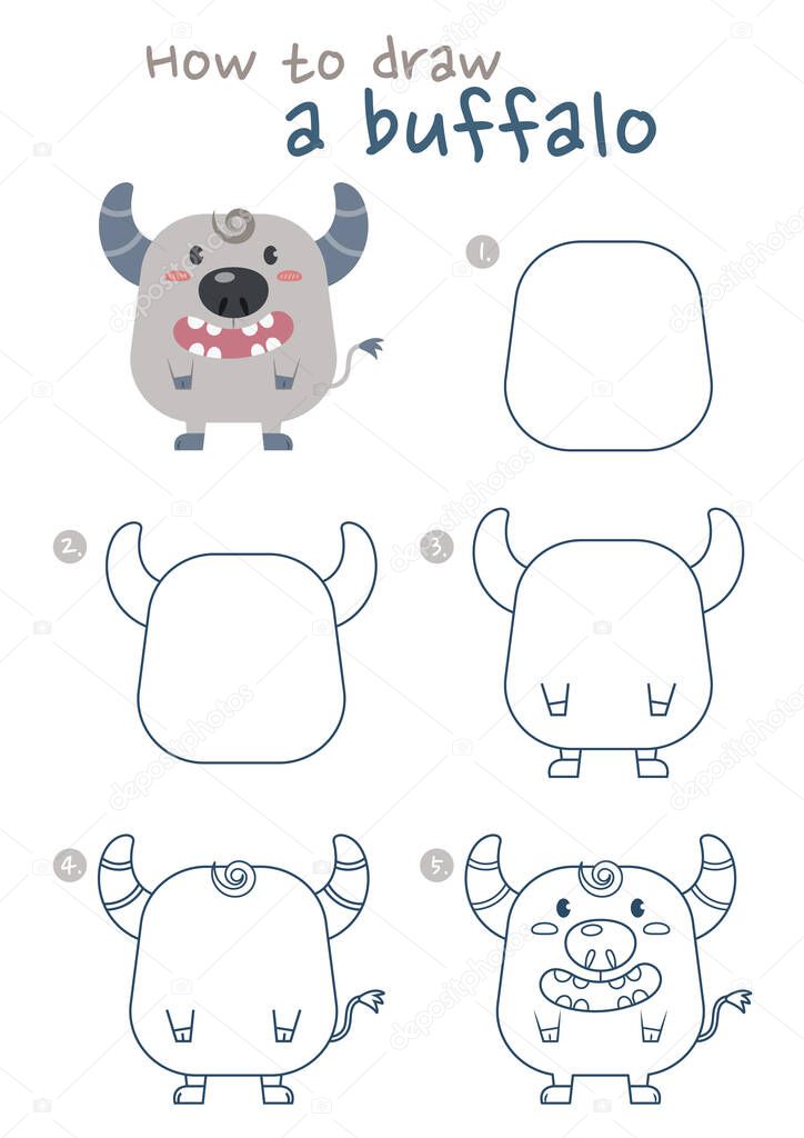 How to draw a buffalo vector illustration. Draw a buffalo step by step. Easy buffalo drawing guide. Cute and easy drawing guidebook.