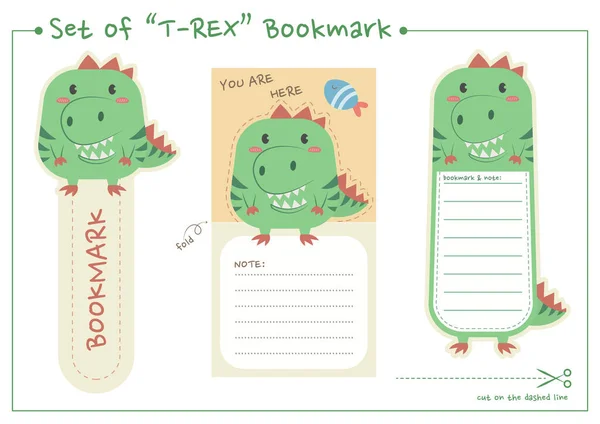 印刷用とカット用のT Rexブックマークのセット かわいい恐竜のブックマークと紙のノート印刷可能なベクトルデザイン — ストックベクタ