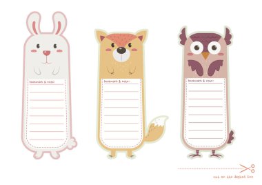 Parmak izi ve kesim için hayvan yer imi. Şirin tavşan, tilki, baykuş yer imi ve kağıt nota yazdırılabilir vektör tasarımı. 