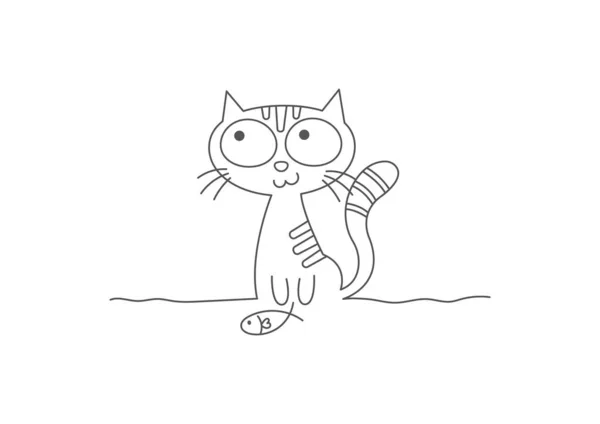 Kedi Balık Hattı Sanat Vektörü Çizimi Karikatürü Beyaz Arkaplanda Izole — Stok Vektör