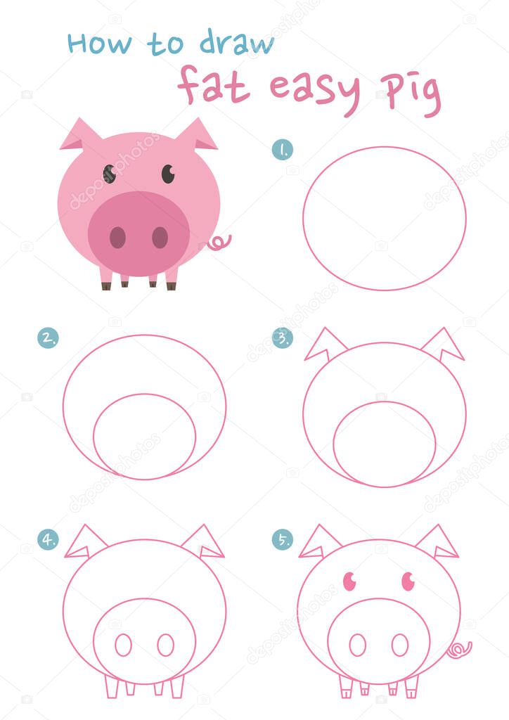 How to draw a pig vector illustration. Draw easy pig step by step. Fat pig drawing guide. Cute and easy drawing guidebook.