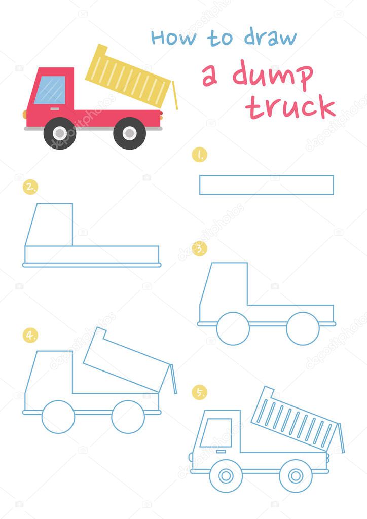 How to draw a dump truck vector illustration. Draw a dump truck step by step. Dump truck car drawing guide. Cute and easy drawing guidebook.