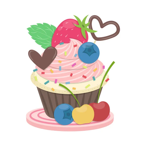 Jahodový Cupcake Vektor Ilustrace Karikatura Izolované Bílém Pozadí Roztomilý Cupcake — Stockový vektor