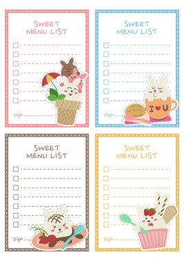 Tatlı menü listesi kağıt notları vektör tasarımı seti. Yazdırılabilir şirin kağıt notlar vektörü.