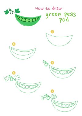 Yeşil bezelye vektör çizimi nasıl yapılır? Adım adım bir bezelye kabuğu çiz. Yeşil bezelye kabuğu çizim rehberi. Şirin ve kolay çizim rehberi.