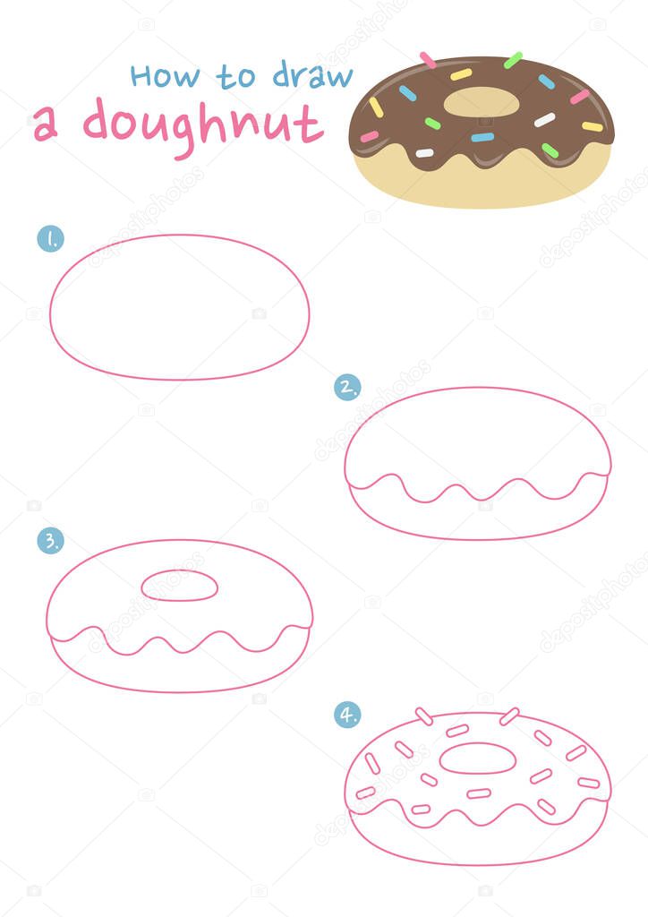 How to draw a doughnut vector illustration. Draw a doughnut step by step. Doughnut drawing guide. Cute and easy drawing guidebook.