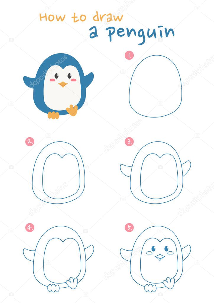 How to draw a penguin vector illustration. Draw a penguin step by step. Penguin drawing guide. Cute and easy drawing guidebook.