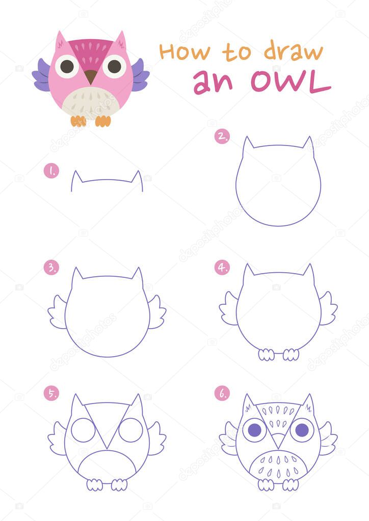 How to draw an owl vector illustration. Draw an owl step by step. Owl drawing guide. Cute and easy drawing guidebook.
