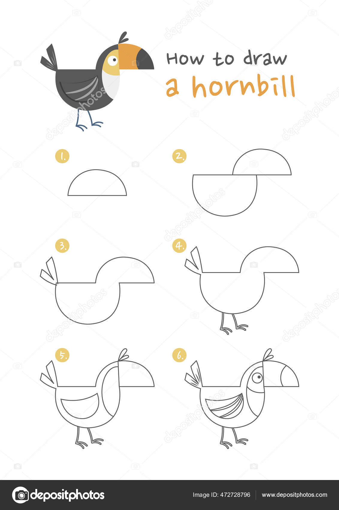 角形の鳥のベクターイラストの描き方 一歩ずつ角を描く ホーンビル ドローイング ガイド かわいい絵のガイドブック ストックベクター C Nutkinsj