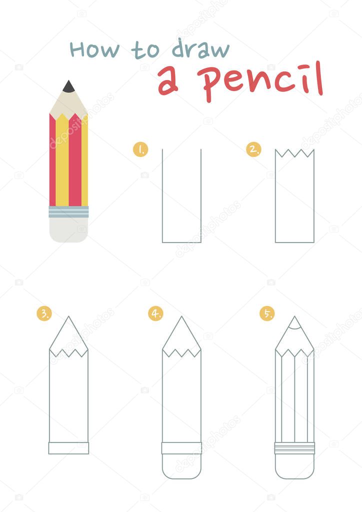 How to draw a pencil vector illustration. Draw a pencil step by step. Lead pencil drawing guide. Cute and easy drawing guidebook.