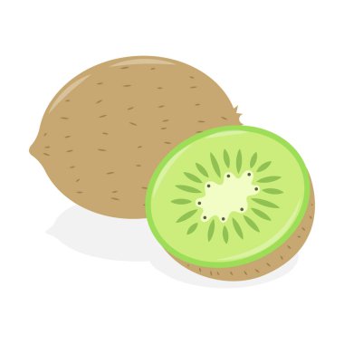 Kivi ve kivi dilimlenmiş vektör illüstrasyon çizgi filmi beyaz arka planda izole edildi. Şirin kivi vektör karikatürü.