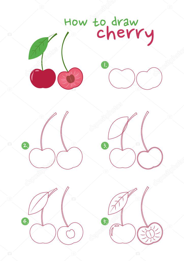 How to draw a cherry vector illustration. Draw a cherry step by step. Cherry drawing guide. Cute and easy drawing guidebook.