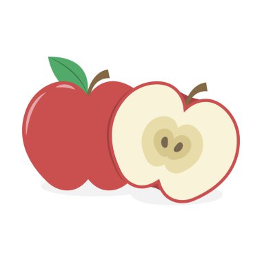 Apple vektör çizim karikatürü beyaz arkaplanda izole edildi. Şirin elma ve kesilmiş elma vektörü. 