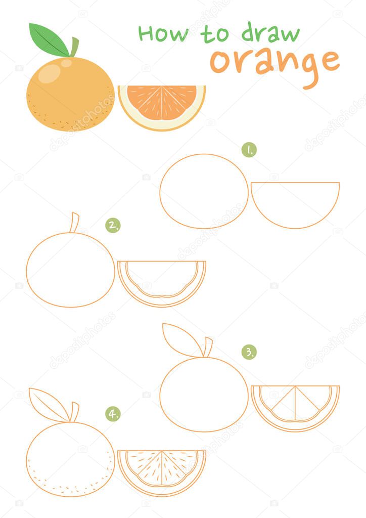 How to draw an orange vector illustration. Draw orange fruit step by step. Orange drawing guide. Cute and easy drawing guidebook.