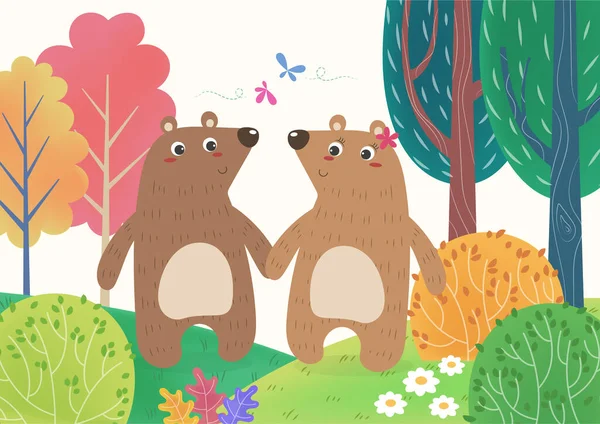 Aşık ayılar ormanda el ele yürüyorlar. Sevimli ayılar çizgi filmi.