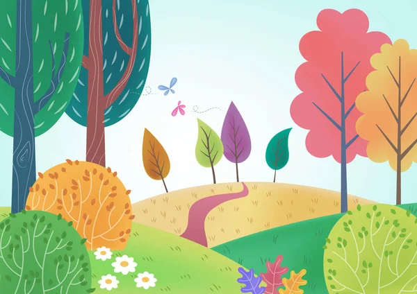 Renkli orman manzarası vektör çizimi. Güzel ormanda küçük bir yol. Vadi manzarası çizimi.