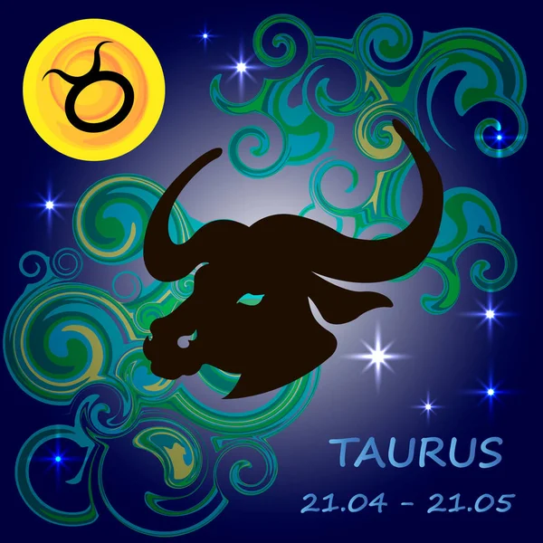 Zodiac silueti Taurus yıldızlar, ay ve dekoratif elementlerle koyu mavi bir zemin üzerine yerleştirilmiş.