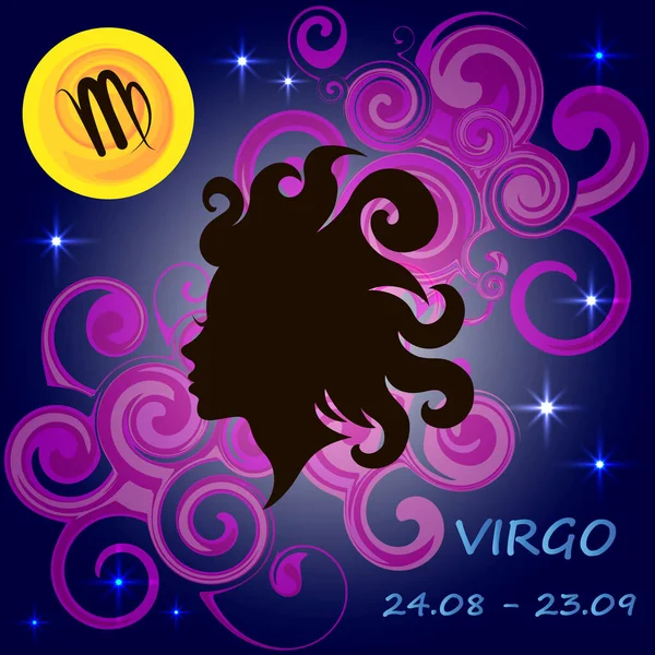 Zodiac Başak, gece gökyüzüne Ay, yıldızlar ve dekoratif elementlerle yerleştirilmiş.