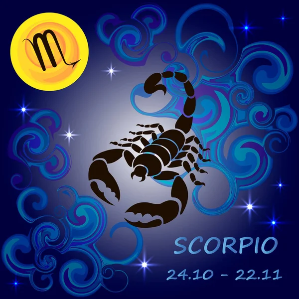 Segno Zodiacale Scorpione Posto Uno Sfondo Blu Scuro Con Elementi — Vettoriale Stock