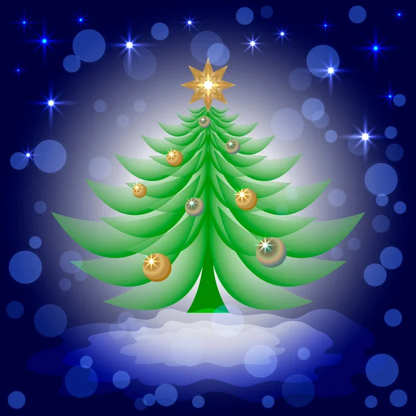 Yılbaşı Balolarıyla Noel Ağacı Koyu Mavi Arka Planda Yıldız — Stok Vektör
