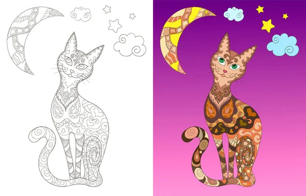 Gece gökyüzünde izole edilmiş kedi, ay ve yıldızlı zentangle resimleri.