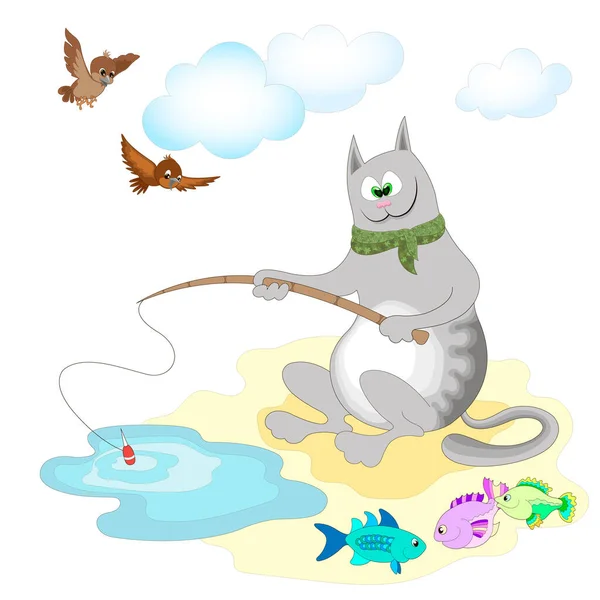 Gri kedi balıkçısı göletin kıyısında oltayla balık tutuyor.