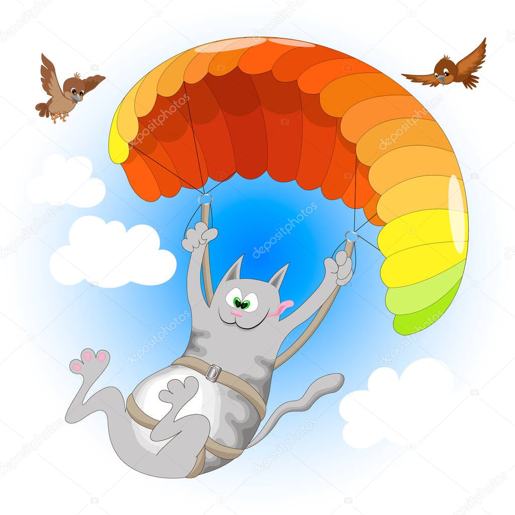 cheerful gray cat enjoys paragliding on a multicolored parachute in the blue sky with clouds