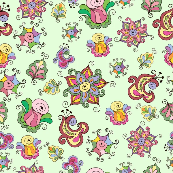 Seamless Floral Pattern Multicolored Abstract Flowers Leaves Pale Green Background — Vettoriale Stock