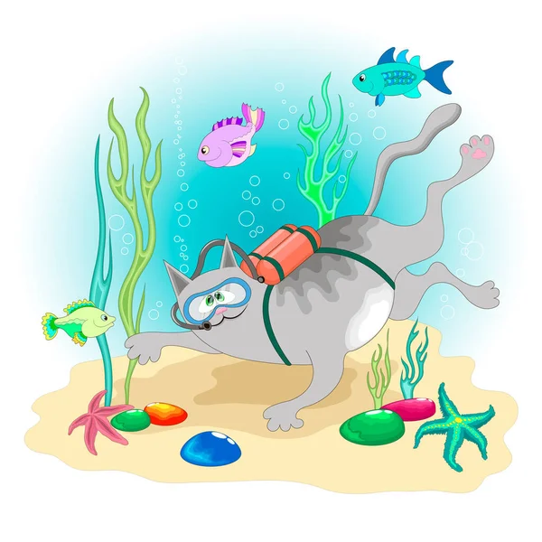 Çizgi film gri kedi scuba dalgıcı derinlere dalıyor ve deniz yıldızı ve deniz yıldızı ile sualtı dünyasını gözlemliyor.