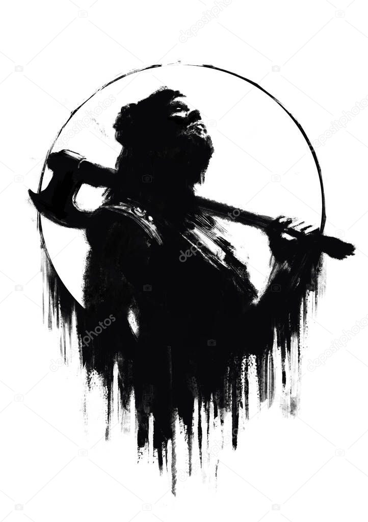 a tired scandinavian warrior with an ax on his shoulder stands and looks at the sky against the background of the sun. 2d illustration