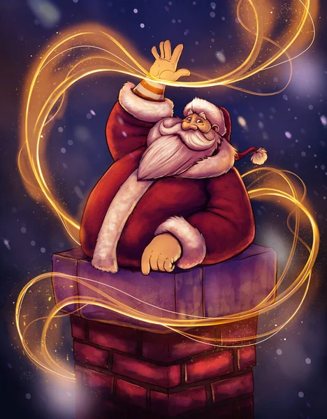 Santa Claus Chimenea Agitando Contra Fondo Noche Hay Magia Alrededor — Foto de Stock