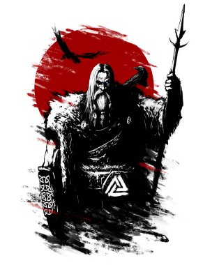 Sert tanrı Odin, kızıl güneşin arka planında, arkasında bir kuzgun uçuşuyor, gözü parlıyor, dijital sanat tarzı, stilize mürekkep çizimi. 2B illüstrasyon. 