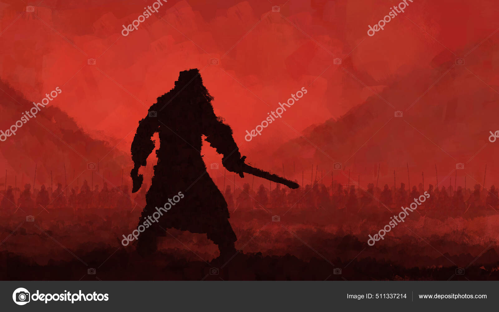 Один Викинг Против Целой Армии Готовой Битве Фоне Кровавого Неба.